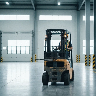 Forklift operator in a warehouse, focused and safe