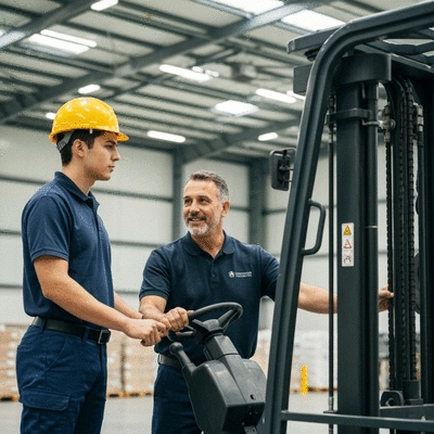 Forklift operator receiving training with an instructor in an industrial setting
