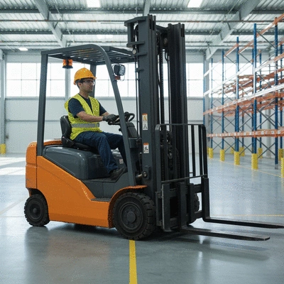 Person operating a forklift in a warehouse environment