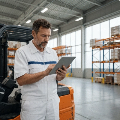 Forklift operator verifying license on a digital tablet in a warehouse setting