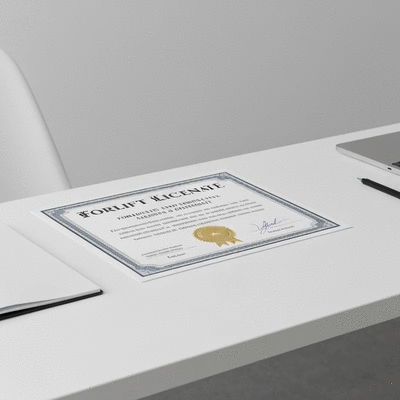 Close-up of a forklift license certificate on a clean desk, symbolizing achievement and legal compliance