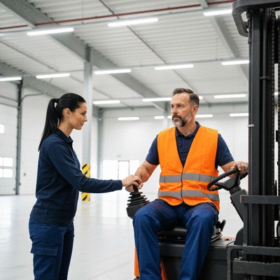Professional forklift operator receiving training in a warehouse