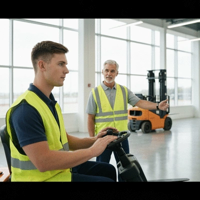 Professional forklift operator receiving safety training in a modern training facility