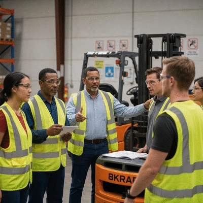 Group of diverse workers in a modern warehouse receiving forklift safety training, looking at an instructor, with safety signs in the background, no text, no words, no typography, 8K, natural lighting