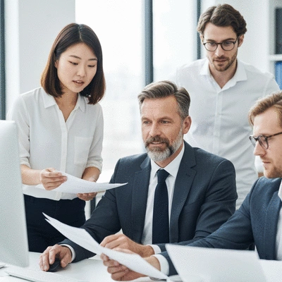 Diverse group of people in an office discussing documents and looking at a computer screen