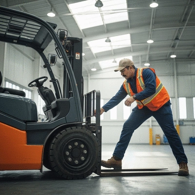 Forklift operator performing a daily safety inspection on a forklift, checking tires and fluid levels