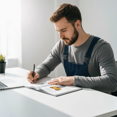 Person studying a forklift training manual, bright and clean environment