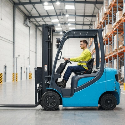 Professional forklift operator wearing high-visibility safety gear, operating a modern forklift in a clean warehouse, with a focus on safety and compliance, no text, no words, no typography, 8K, natural lighting