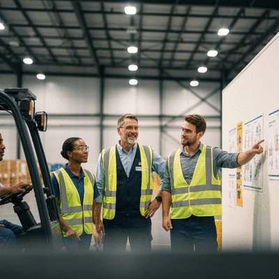 Team of forklift operators and a supervisor discussing safety protocols in a warehouse setting