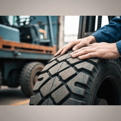 Close-up of a person checking a forklift tire during a daily pre-operation inspection