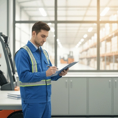 Forklift operator checking their license and documents