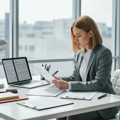 Person reviewing forklift licence documents on a desk with a laptop
