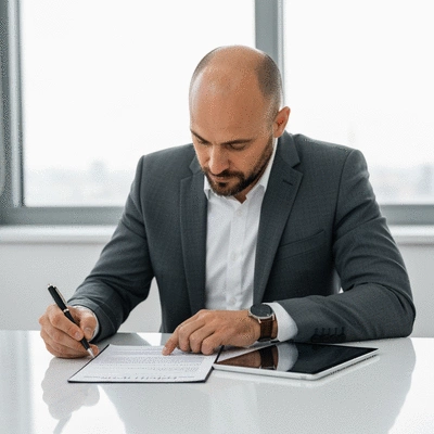 Person reviewing a forklift license document with a pen and a tablet on a desk, focusing on renewal dates