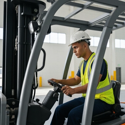 Forklift operator in training, wearing safety gear, focused on controls in a warehouse setting